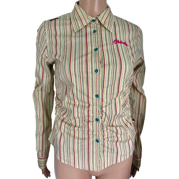 AKDMKS Long Sleeves Blouse Womens S Y2K Office Siren Preppy Stripped Multi NWT - Picture 1 of 13